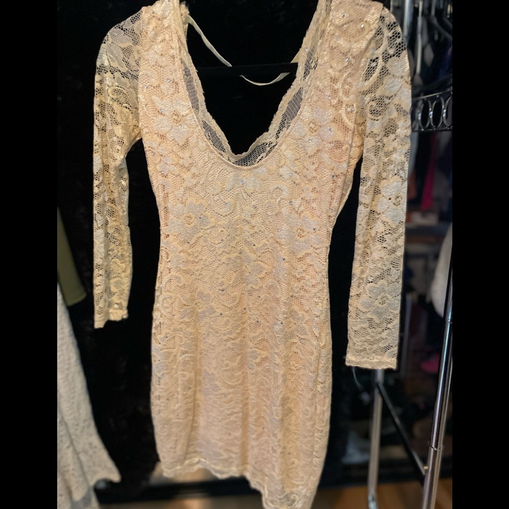 Nude lace and rhinestone dress